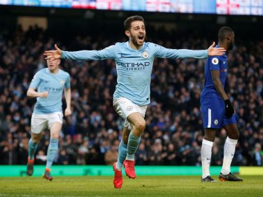 Manchester City's Bernardo Silva celebrates after scoring against Chelsea. Reuters
