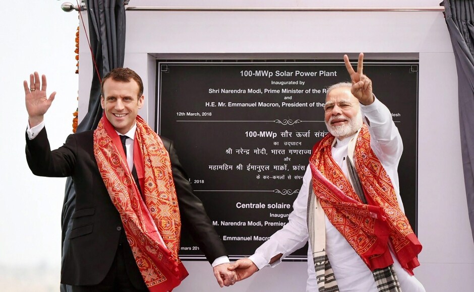 French President Emmanuel Macron, who is on a four-day visit to India, inaugurated a solar plant in Uttar Pradesh's Mirzapur on Monday. PTI French President Emmanuel Macron, who is on a four-day visit to India, inaugurated a solar plant in Uttar Pradesh's Mirzapur on Monday. PTI