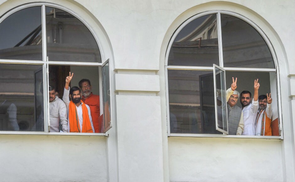 Legislators from Uttar Pradesh flashed victory signs after voting in Uttar Pradesh. While the ruling BJP won nine of the 10 Rajya Sabha seats, the Samajwadi Party's Jaya Bachchan won the ninth seats. PTI Legislators from Uttar Pradesh flashed victory signs after voting in Uttar Pradesh. While the ruling BJP won nine of the 10 Rajya Sabha seats, the Samajwadi Party's Jaya Bachchan won the ninth seats. PTI