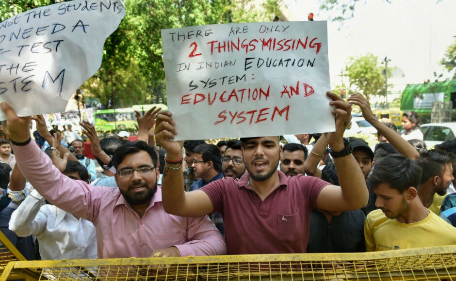 The shrill cries of 'we want justice' pierced the serene morning air at Jantar Mantar on Thursday as hundreds of students gathered in Delhi, protesting against the re-examination of Class 10 Mathematics and Class 12 Economics papers. PTI The shrill cries of 'we want justice' pierced the serene morning air at Jantar Mantar on Thursday as hundreds of students gathered in Delhi, protesting against the re-examination of Class 10 Mathematics and Class 12 Economics papers. PTI