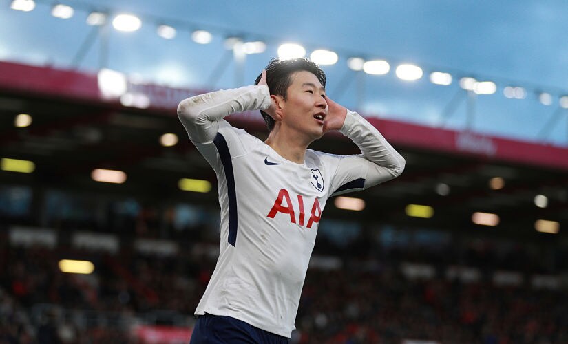 Soccer Football - Premier League - AFC Bournemouth vs Tottenham Hotspur - Vitality Stadium, Bournemouth, Britain - March 11, 2018 Tottenham's Son Heung-min celebrates scoring their third goal REUTERS/Ian Walton EDITORIAL USE ONLY. No use with unauthorized audio, video, data, fixture lists, club/league logos or "live" services. Online in-match use limited to 75 images, no video emulation. No use in betting, games or single club/league/player publications. Please contact your account representative for further details. - RC1B681B5100