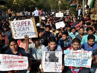 SSC aspirants protest the alleged paper leak, in New Delhi. PTI