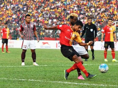 An East Bengal versus Mohun Bagan match underway. Twitter/@ILeagueOfficial