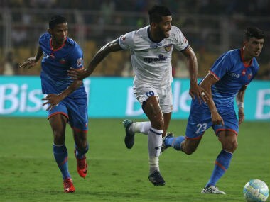 Action between FC Goa and Chennaiyin FC in the first leg of the second sem-final of ISL 2017-18. ISL