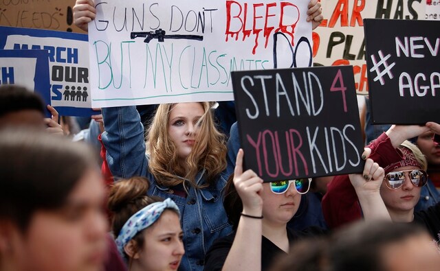 Protesters called on lawmakers and President Donald Trump to confront the issue. Students and activists across the country planned events Saturday in conjunction with the Washington march spearheaded by students from Marjory Stoneman Douglas High School in Parkland, where over a dozen people were killed in February. AP Protesters called on lawmakers and President Donald Trump to confront the issue. Students and activists across the country planned events Saturday in conjunction with the Washington march spearheaded by students from Marjory Stoneman Douglas High School in Parkland, where over a dozen people were killed in February. AP