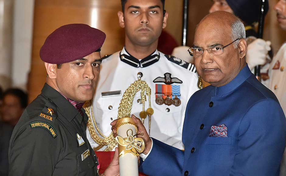 Dressed in an army uniform, Dhoni marched to the dais to receive Padma Bhushan from the president amid a huge round of applause from the audience. Dhoni was conferred with the honorary rank of lieutenant colonel by the Indian territorial army in 2011. PTI Dressed in an army uniform, Dhoni marched to the dais to receive Padma Bhushan from the president amid a huge round of applause from the audience. Dhoni was conferred with the honorary rank of lieutenant colonel by the Indian territorial army in 2011. PTI