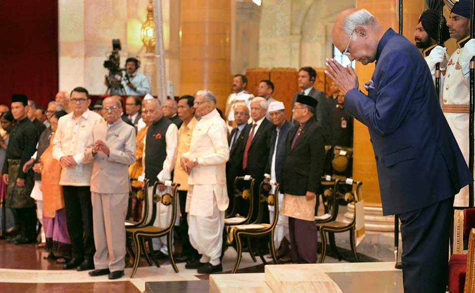 The president presented five Padma Bhushan and 38 Padma Shri awards at the civil investiture ceremony held at the Durbar Hall of the Rashtrapati Bhavan. Vice-President M Venkaiah Naidu, Prime Minister Narendra Modi, Home Minister Rajnath Singh and Lok Sabha Speaker Sumitra Mahajan were among several dignitaries present at the function. PTI The president presented five Padma Bhushan and 38 Padma Shri awards at the civil investiture ceremony held at the Durbar Hall of the Rashtrapati Bhavan. Vice-President M Venkaiah Naidu, Prime Minister Narendra Modi, Home Minister Rajnath Singh and Lok Sabha Speaker Sumitra Mahajan were among several dignitaries present at the function. PTI