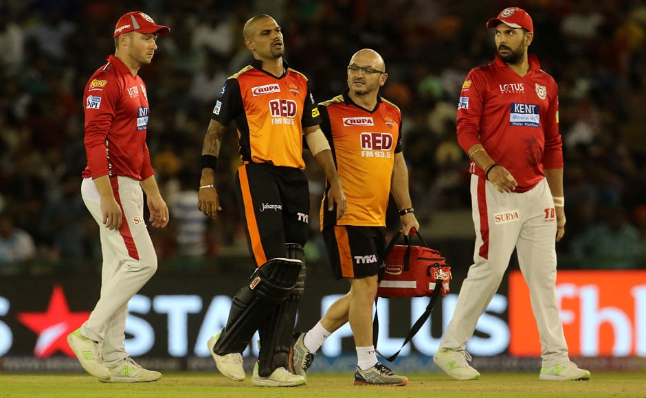 Shikhar Dhawan injured himself in only the first over of the match as a Barinder Sran delivery hit his left arm. Dhawan was in so much pain that he could not continue batting and was taken back to dressing room by the team physio. His injury meant Hyderabad was one man short and the fact that they lost by 15 runs in the end would hurt them more. Sportzpics Shikhar Dhawan injured himself in only the first over of the match as a Barinder Sran delivery hit his left arm. Dhawan was in so much pain that he could not continue batting and was taken back to dressing room by the team physio. His injury meant Hyderabad was one man short and the fact that they lost by 15 runs in the end would hurt them more. Sportzpics