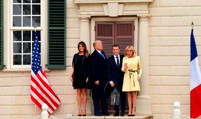 Donald Trump, Melania Trump, Emmanuel Macron and Brigitte Macron stand on the steps of Mount Vernon, the home of ex-US president George Washington. AP Donald Trump, Melania Trump, Emmanuel Macron and Brigitte Macron stand on the steps of Mount Vernon, the home of ex-US president George Washington. AP