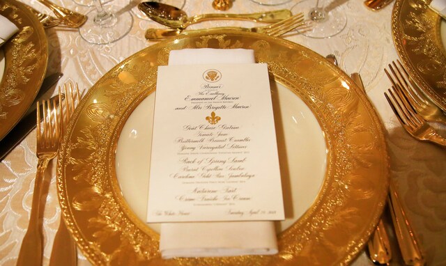 The State Dining Room at the White House is being set for the first State Dinner that President Donald Trump will host as president with French president Emmanuel Macron in Washington on Tuesday. AP The State Dining Room at the White House is being set for the first State Dinner that President Donald Trump will host as president with French president Emmanuel Macron in Washington on Tuesday. AP