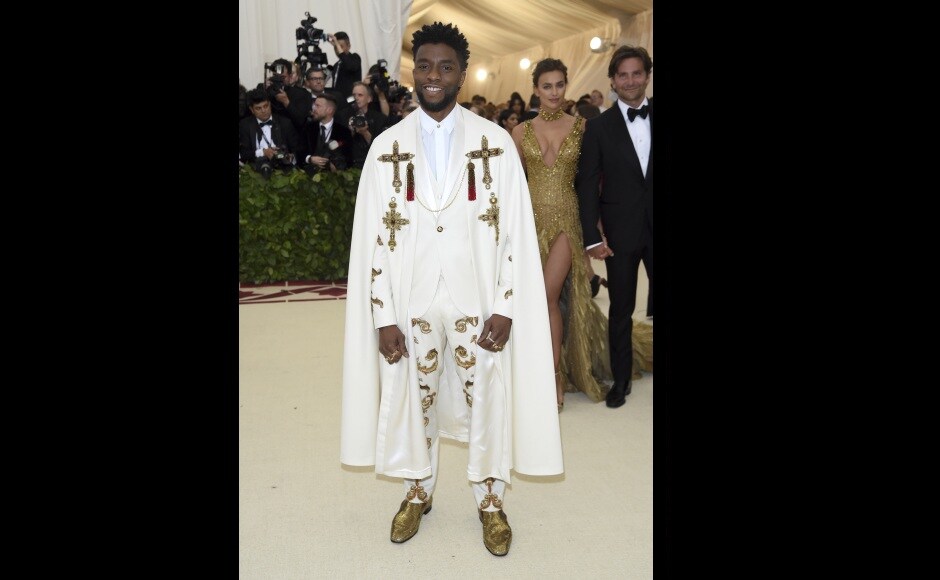 Black Panther star Chadwick Boseman at the Met Gala. Boseman was among the celebrities who took the theme of the Met Gala very religiously this year. Photo by Charles Sykes/Invision/AP Black Panther star Chadwick Boseman at the Met Gala. Boseman was among the celebrities who took the theme of the Met Gala very religiously this year. Photo by Charles Sykes/Invision/AP