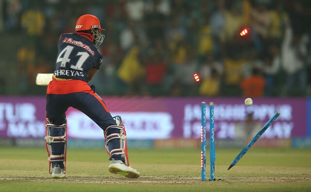 Despite being in a 54-run stand with Pant, Delhi Daredevils' captain Shreyas Iyer, who opened the innings, never got going and was castled by Lungi Ngidi for 19. Sportzpics Despite being in a 54-run stand with Pant, Delhi Daredevils' captain Shreyas Iyer, who opened the innings, never got going and was castled by Lungi Ngidi for 19. Sportzpics