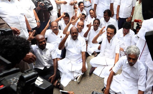 DMK working president MK Stalin staged a protest outside the Tamil Nadu chief minister's office along with other party leaders. Stalin demanded the resignation of chief minister Edappadi K Palaniswami. Twitter @mkstalin DMK working president MK Stalin staged a protest outside the Tamil Nadu chief minister's office along with other party leaders. Stalin demanded the resignation of chief minister Edappadi K Palaniswami. Twitter @mkstalin