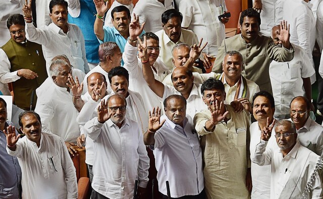 The three-day-old HD Kumaraswamy government in Karnataka on Friday won a vote of confidence without a contest after the BJP MLAs walked out of the Assembly before the floor test. PTI The three-day-old HD Kumaraswamy government in Karnataka on Friday won a vote of confidence without a contest after the BJP MLAs walked out of the Assembly before the floor test. PTI