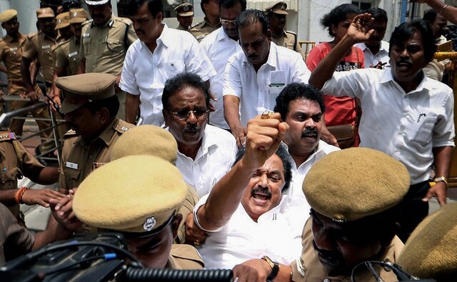 Stalin was detained by police personnel for staging a protest over the anti-Sterlite violence at Tuticorin in which at least 11 people have been killed and scores injured. PTI Stalin was detained by police personnel for staging a protest over the anti-Sterlite violence at Tuticorin in which at least 11 people have been killed and scores injured. PTI