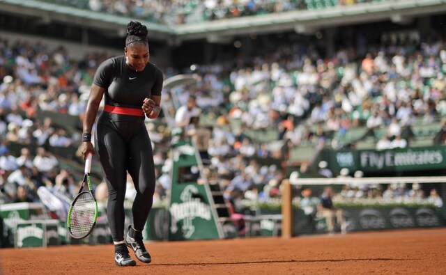 Serena Williams wore a black bodysuit with long leggings and a red waistband for her first round French Open match at Court Philippe Chatrier. She defeated Krystina Pliskova of the Czech Republic 7-6, 6-4. AP Serena Williams wore a black bodysuit with long leggings and a red waistband for her first round French Open match at Court Philippe Chatrier. She defeated Krystina Pliskova of the Czech Republic 7-6, 6-4. AP