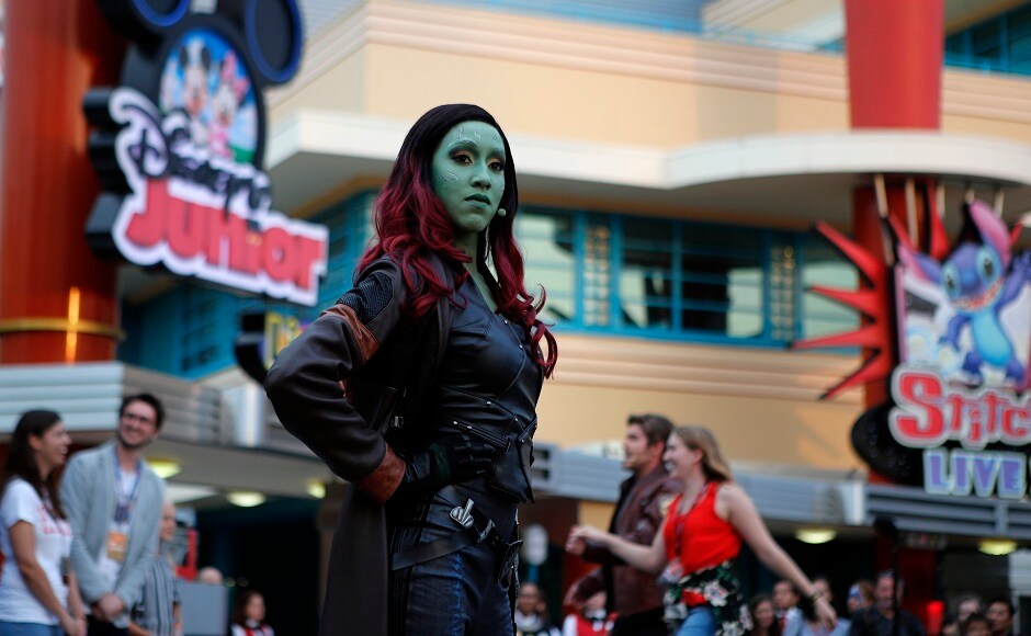 The character of Gamora from <em>Guardians of the Galaxy</em> performs with the guests during the opening show at Disneyland Paris at the launch of the first Avengers-themed season at Disneyland Paris. AP Photo/Francois Mori The character of Gamora from <em>Guardians of the Galaxy</em> performs with the guests during the opening show at Disneyland Paris at the launch of the first Avengers-themed season at Disneyland Paris. AP Photo/Francois Mori