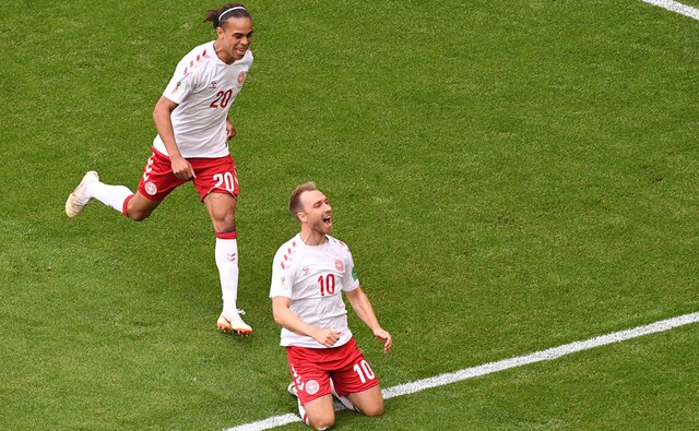 Denmark's midfielder Christian Eriksen celebrates his goal during the World Cup Group C football match between Denmark and Australia at the Samara Arena. AFP Denmark's midfielder Christian Eriksen celebrates his goal during the World Cup Group C football match between Denmark and Australia at the Samara Arena. AFP
