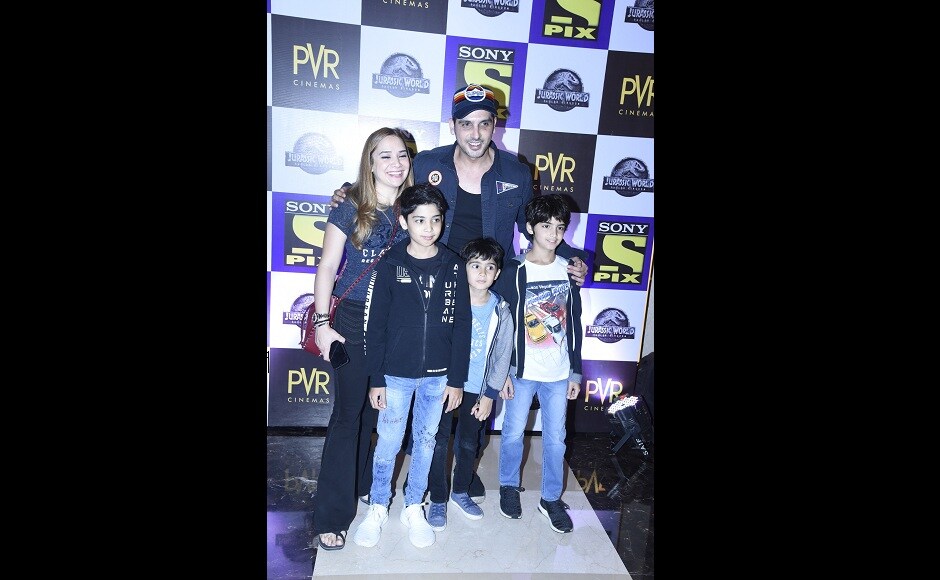Zayed Khan at the ‘Sony PIX Premiere Nights’ event of Jurassic World Fallen Kingdom with his children and with his sister, Sussanne Khan’s child Zayed Khan at the ‘Sony PIX Premiere Nights’ event of Jurassic World Fallen Kingdom with his children and with his sister, Sussanne Khan’s child