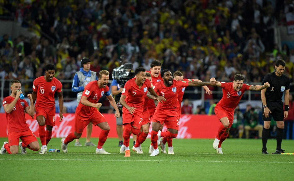 England's players celebrate winning the penalty shootout. Is it coming home? AFP England's players celebrate winning the penalty shootout. Is it coming home? AFP