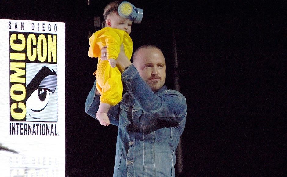 Aaron Paul holds his daughter Story Annabelle in the air as she is dressed as his character Jesse Pinkman at the Breaking Bad 10th Anniversary panel on day one of Comic-Con International in San Diego. The Associated Press/Richard Shotwell Aaron Paul holds his daughter Story Annabelle in the air as she is dressed as his character Jesse Pinkman at the Breaking Bad 10th Anniversary panel on day one of Comic-Con International in San Diego. The Associated Press/Richard Shotwell