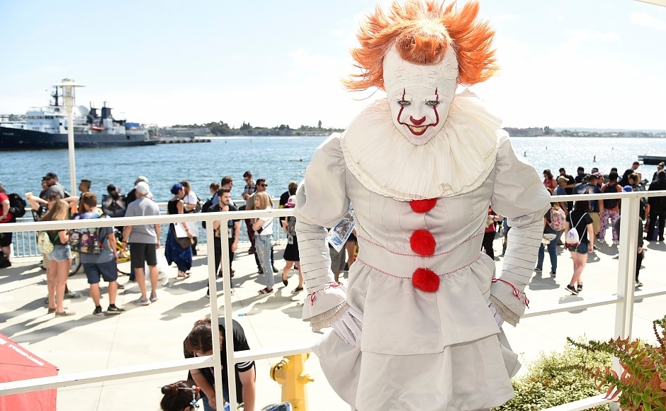 Juliana Bove, of San Diego, dressed as Pennywise from the film It, attends day two of Comic-Con International on 20 July. The Associated Press/Richard Shotwell Juliana Bove, of San Diego, dressed as Pennywise from the film It, attends day two of Comic-Con International on 20 July. The Associated Press/Richard Shotwell
