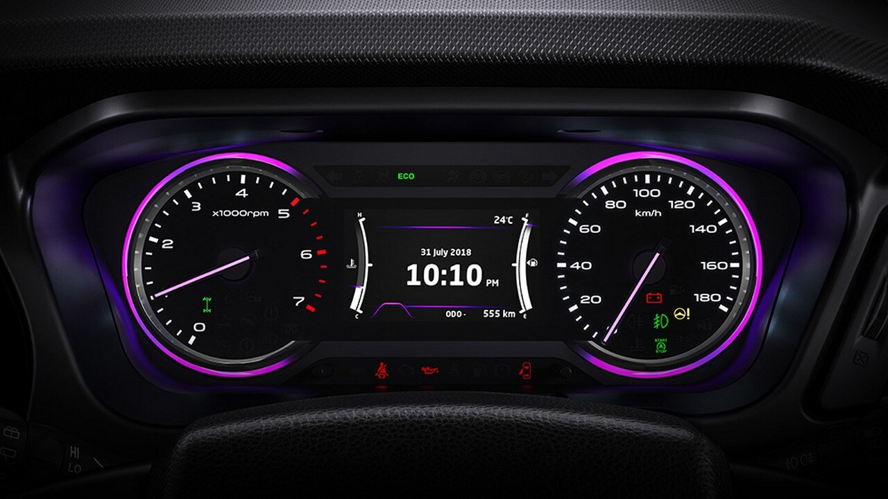 A futuristic purple themed cluster with 3D light guides and animated colour screen. Image: Mahindra Marazzo