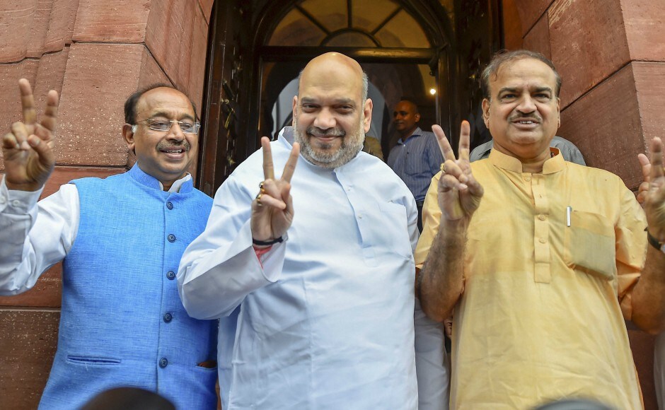 BJP President Amit Shah, Parliamentary Affairs Minister Ananth Kumar and MoS Parliamentary Affairs Vijay Goel arrive at the Monsoon Session of Parliament. PTI BJP President Amit Shah, Parliamentary Affairs Minister Ananth Kumar and MoS Parliamentary Affairs Vijay Goel arrive at the Monsoon Session of Parliament. PTI