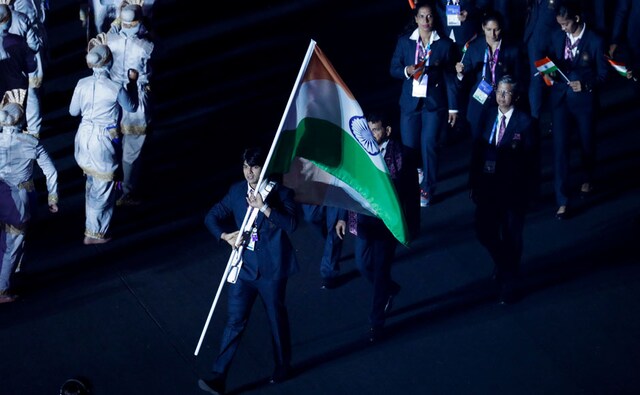 Javelin thrower Neeraj Chopra led the Indian contingent in the parade of athletes. AP Javelin thrower Neeraj Chopra led the Indian contingent in the parade of athletes. AP