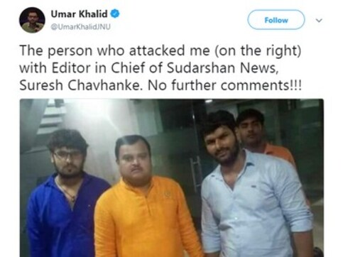 Umar Khalid tweets photo of 'shooter', who tried to kill him, with editor of Noida-based Hindi news channel Umar Khalid tweets photo of 'shooter', who tried to kill him, with editor of Noida-based Hindi news channel