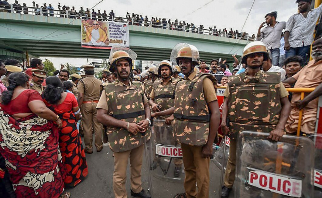 Security personnel stand by after DMK party president M Karunanidhi passed away, in Chennai on Tuesday. Police also resorted to lathicharge outside the hospital to disperse the crowd. PTI Security personnel stand by after DMK party president M Karunanidhi passed away, in Chennai on Tuesday. Police also resorted to lathicharge outside the hospital to disperse the crowd. PTI