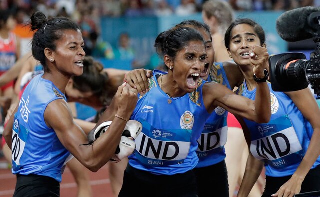 The Indian quartet of Hima Das, MR Poovamma, Sarita Gayakwad and VK Bismaya won gold in the women's 4x400 metres relay, clocking in at 3:28.72. AP The Indian quartet of Hima Das, MR Poovamma, Sarita Gayakwad and VK Bismaya won gold in the women's 4x400 metres relay, clocking in at 3:28.72. AP
