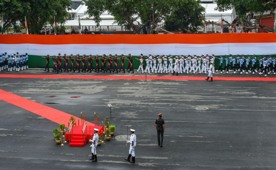The army, navy and air force contingents also took part in the full dress rehearsal for 72nd Independence Day. They practiced their march at the historic Red Fort in New Delhi on Monday. PTI The army, navy and air force contingents also took part in the full dress rehearsal for 72nd Independence Day. They practiced their march at the historic Red Fort in New Delhi on Monday. PTI