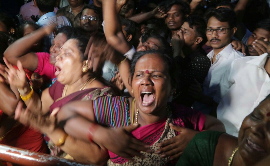 While several chief ministers and leaders condoled, many supporters wailed upon hearing the news of DMK president's demise, whose career as a screenwriter in Tamil film industry gained him recognition and popularity. AP While several chief ministers and leaders condoled, many supporters wailed upon hearing the news of DMK president's demise, whose career as a screenwriter in Tamil film industry gained him recognition and popularity. AP