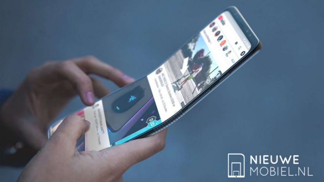 Concept render of the Samsung foldable phone partially folded. Image: NieuweMobiel