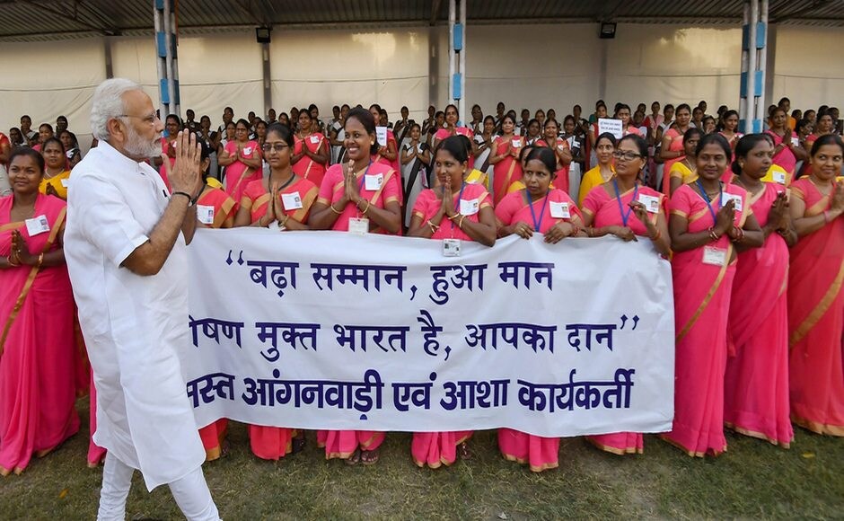 Narendra Modi also had a brief interaction with Aanganwadi workers. The women carried banners thanking the prime minister for increasing their daily wages. He mingled with them enquired about their work and families. PTI Narendra Modi also had a brief interaction with Aanganwadi workers. The women carried banners thanking the prime minister for increasing their daily wages. He mingled with them enquired about their work and families. PTI