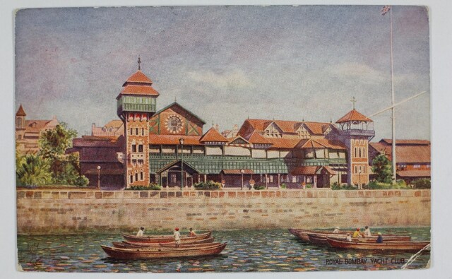 The Royal Bombay Yacht Club in a painted postcard from the colonial era. At the time, postcards established a swift channel of communication between families, friends and businesses the world over. Between 1898 and 1903, billions of postcards were exchanged and this was a time when new printing technologies like rapid press lithography were being exploited by small workshops and artisans in European as well as in Indian cities. The Omar Khan Collection and The Alkazi Collection of Photography/ Dr Bhau Daji Lad Museum The Royal Bombay Yacht Club in a painted postcard from the colonial era. At the time, postcards established a swift channel of communication between families, friends and businesses the world over. Between 1898 and 1903, billions of postcards were exchanged and this was a time when new printing technologies like rapid press lithography were being exploited by small workshops and artisans in European as well as in Indian cities. The Omar Khan Collection and The Alkazi Collection of Photography/ Dr Bhau Daji Lad Museum