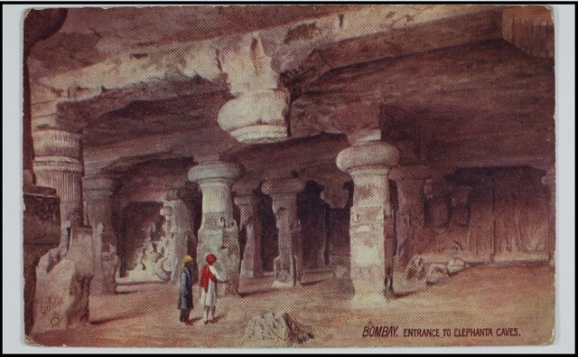 This postcard features the entrance to the Elephanta Caves, a popular tourist destination in Mumbai. The exhibit Paper Jewels, housed in the city's celebrated museum has on display several other postcards created by Raphael Tuck & Sons, employed in service of the Majesties, The King and Queen of England. The Omar Khan Collection and The Alkazi Collection of Photography/ Dr Bhau Daji Lad Museum This postcard features the entrance to the Elephanta Caves, a popular tourist destination in Mumbai. The exhibit Paper Jewels, housed in the city's celebrated museum has on display several other postcards created by Raphael Tuck & Sons, employed in service of the Majesties, The King and Queen of England. The Omar Khan Collection and The Alkazi Collection of Photography/ Dr Bhau Daji Lad Museum