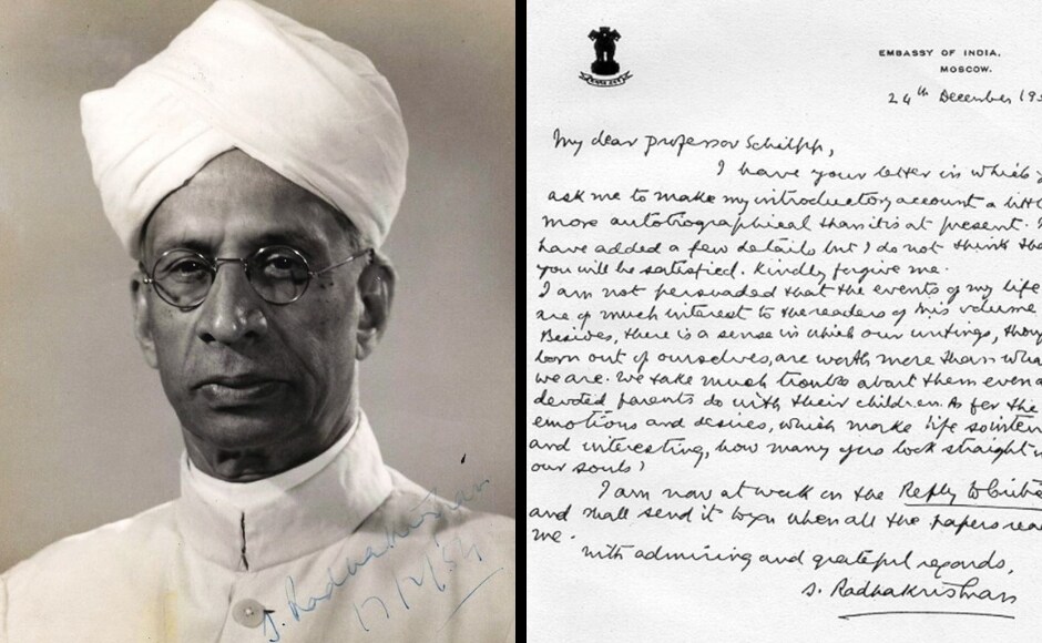 (Right) In a letter to the editor of The Philosophy of Sarvepalli Radhakrishnan, Prof Paul Arthur Schilpp, Radhakrishnan wrote that while he had made minor alterations in his introductory accounts to make them more autobiographical as suggested by Schlipp, he was not convinced that his personal life would be of much interest to the readers. Facebook (Right) In a letter to the editor of The Philosophy of Sarvepalli Radhakrishnan, Prof Paul Arthur Schilpp, Radhakrishnan wrote that while he had made minor alterations in his introductory accounts to make them more autobiographical as suggested by Schlipp, he was not convinced that his personal life would be of much interest to the readers. Facebook