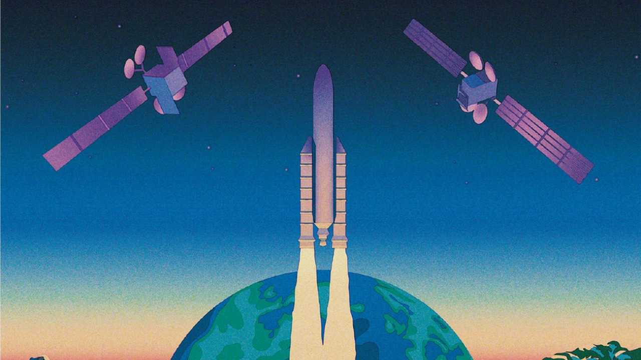 Artistic rendition of the Horizons 3e and Azer satellites with the Ariane V rocket. Image courtesy: Arianespace