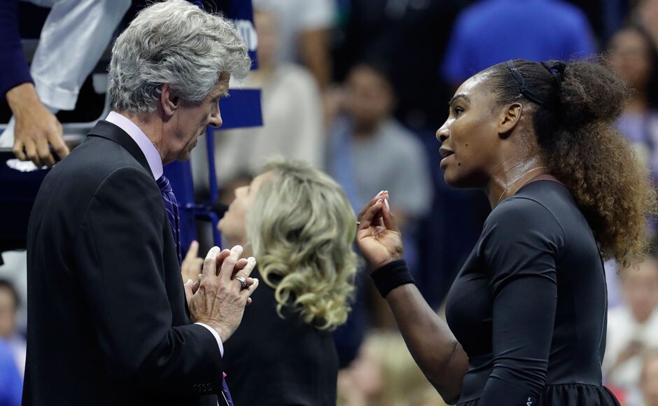 The broken racket lead to her second warning, and a point being taken away from her. Serena was incensed by the umpire's actions. calling him a thief and then being docked a game for verbal abuse. This led to a heated exchange between her and the officials. AP The broken racket lead to her second warning, and a point being taken away from her. Serena was incensed by the umpire's actions. calling him a thief and then being docked a game for verbal abuse. This led to a heated exchange between her and the officials. AP