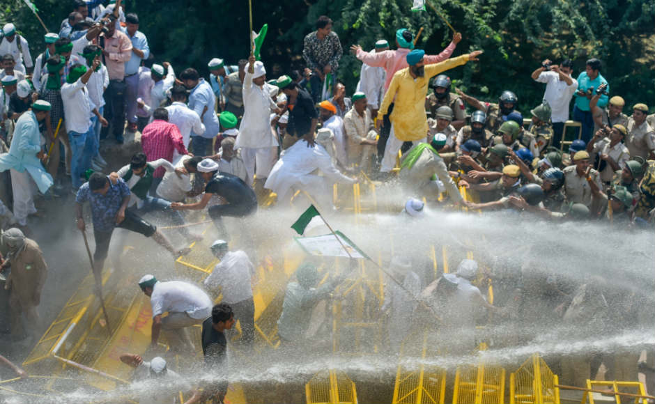 The police used water cannons to disperse protesters after a few farmers broke the barricades. Prohibitory orders were imposed in east and northeast Delhi, in anticipation of law and order problems. PTI The police used water cannons to disperse protesters after a few farmers broke the barricades. Prohibitory orders were imposed in east and northeast Delhi, in anticipation of law and order problems. PTI