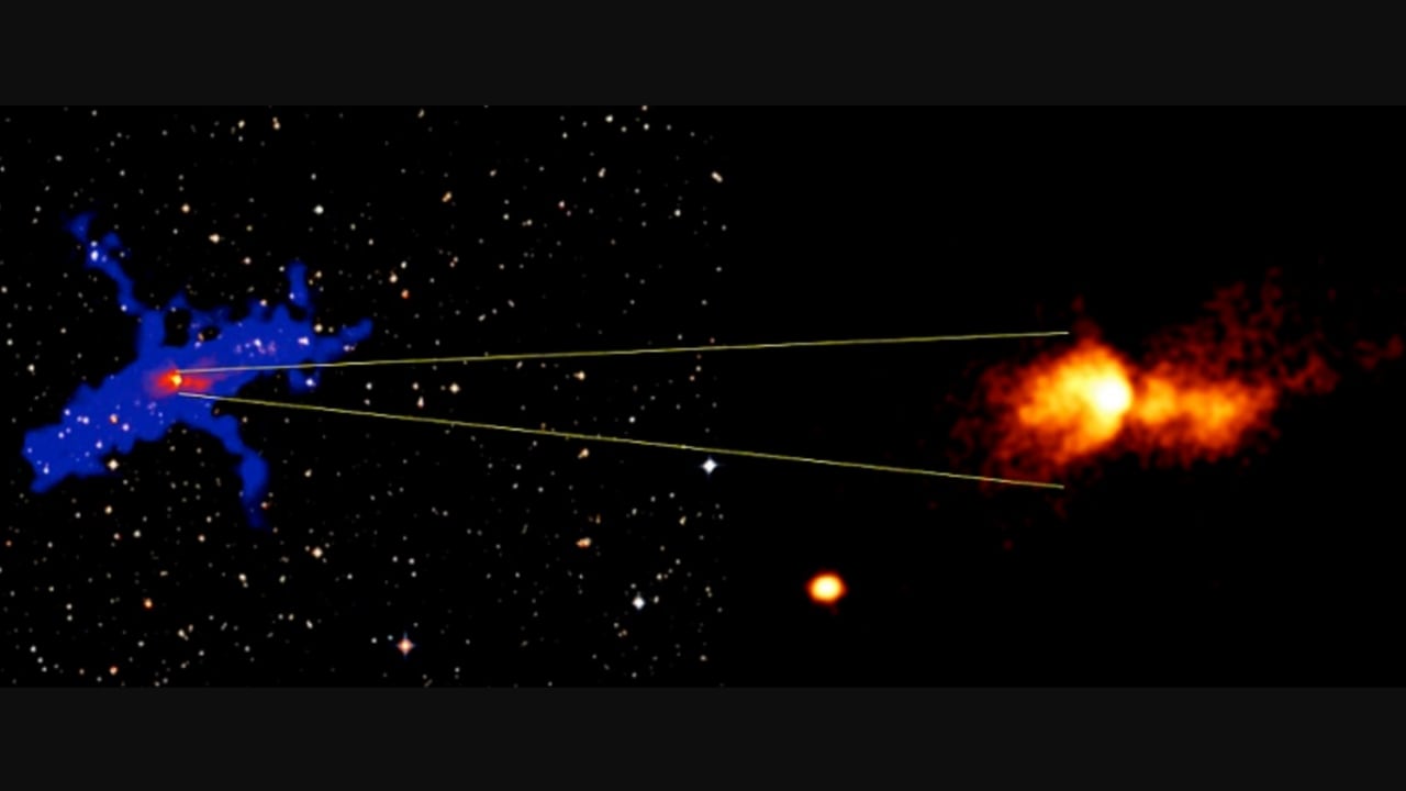 On the right is a false-colour image of the bright ultraviolet lobes of the Butterfly Nebula, as pictured from AstroSat data. On the left is the same image in red, with a cartoon in blue marking the full extent of the newly discovered ultraviolet lobes and the jets. Image credit: Rao and Sriram.