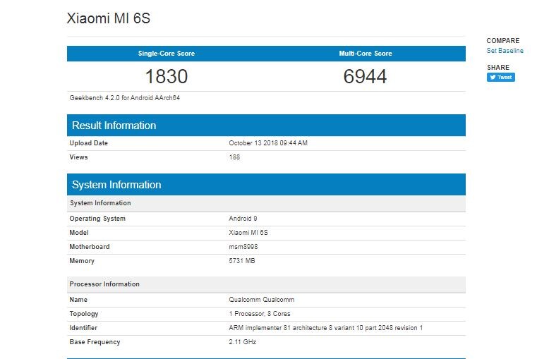 Xiaomi Mi 6S Geekbench listing. Image: Geekbench