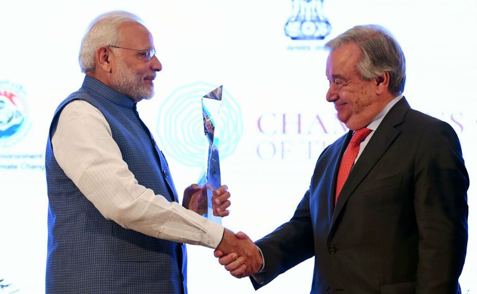 Presenting the award, Guterres said that Modi has recognised the challenges of climate change and understands the need of climate action. "Many leaders understand climate change but Modi acts on it. The example of prime minister's leadership is not being followed enough", he said. Twitter/@PIB_India Presenting the award, Guterres said that Modi has recognised the challenges of climate change and understands the need of climate action. "Many leaders understand climate change but Modi acts on it. The example of prime minister's leadership is not being followed enough", he said. Twitter/@PIB_India
