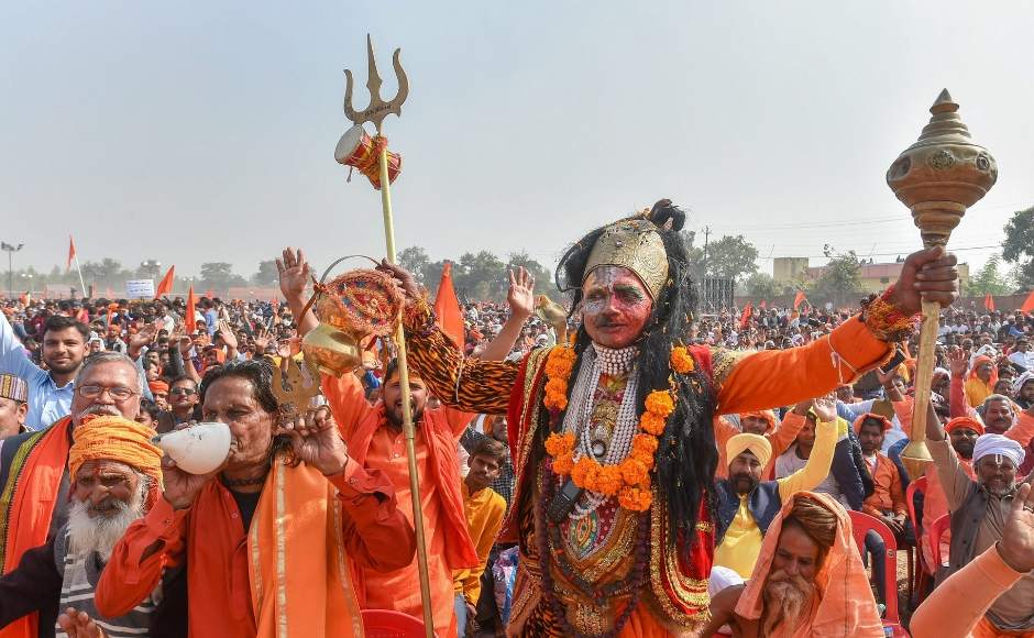 The streets of Ayodhya were filled with right-wing activists who poured in from various parts of the country for a Vishwa Hindu Parishad (VHP) grand event on Sunday to push for the construction of a Ram temple. PTI The streets of Ayodhya were filled with right-wing activists who poured in from various parts of the country for a Vishwa Hindu Parishad (VHP) grand event on Sunday to push for the construction of a Ram temple. PTI