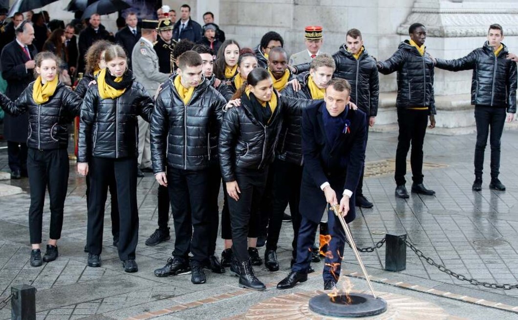 Macron lit the Tomb of the Unknown Soldier under the Arc de Triomphe during ceremonies. Over 60 heads of state and government took part in a solemn ceremony at the Tomb of the Unknown Soldier, the powerful symbol of sacrifice to the millions who died from 1914-18. PTI Macron lit the Tomb of the Unknown Soldier under the Arc de Triomphe during ceremonies. Over 60 heads of state and government took part in a solemn ceremony at the Tomb of the Unknown Soldier, the powerful symbol of sacrifice to the millions who died from 1914-18. PTI
