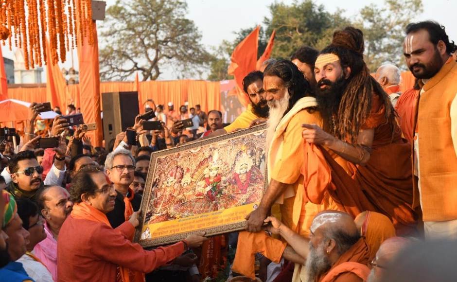 Saints from Haridwar, Chhattisgarh, Hrisikesh, Ujjain, Gujarat, Chitraoot, Prayagraj and Lucknow attended the congregation. Image courtesy: Twitter/@ShivSena Saints from Haridwar, Chhattisgarh, Hrisikesh, Ujjain, Gujarat, Chitraoot, Prayagraj and Lucknow attended the congregation. Image courtesy: Twitter/@ShivSena