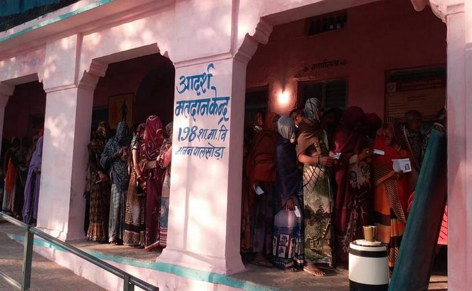 For this year's polls the state government had made 'pink polling booths' to encourage women voters. Large number of women voters turned up to vote at the Awan Palsoda polling booth in Neemuch district. Sourced from Vijit Rao Madhik. For this year's polls the state government had made 'pink polling booths' to encourage women voters. Large number of women voters turned up to vote at the Awan Palsoda polling booth in Neemuch district. Sourced from Vijit Rao Madhik.