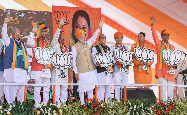 During a rally in Rajasthan's Bhilwara, Modi introduced the BJP candidates and waved at the crowd. PTI During a rally in Rajasthan's Bhilwara, Modi introduced the BJP candidates and waved at the crowd. PTI